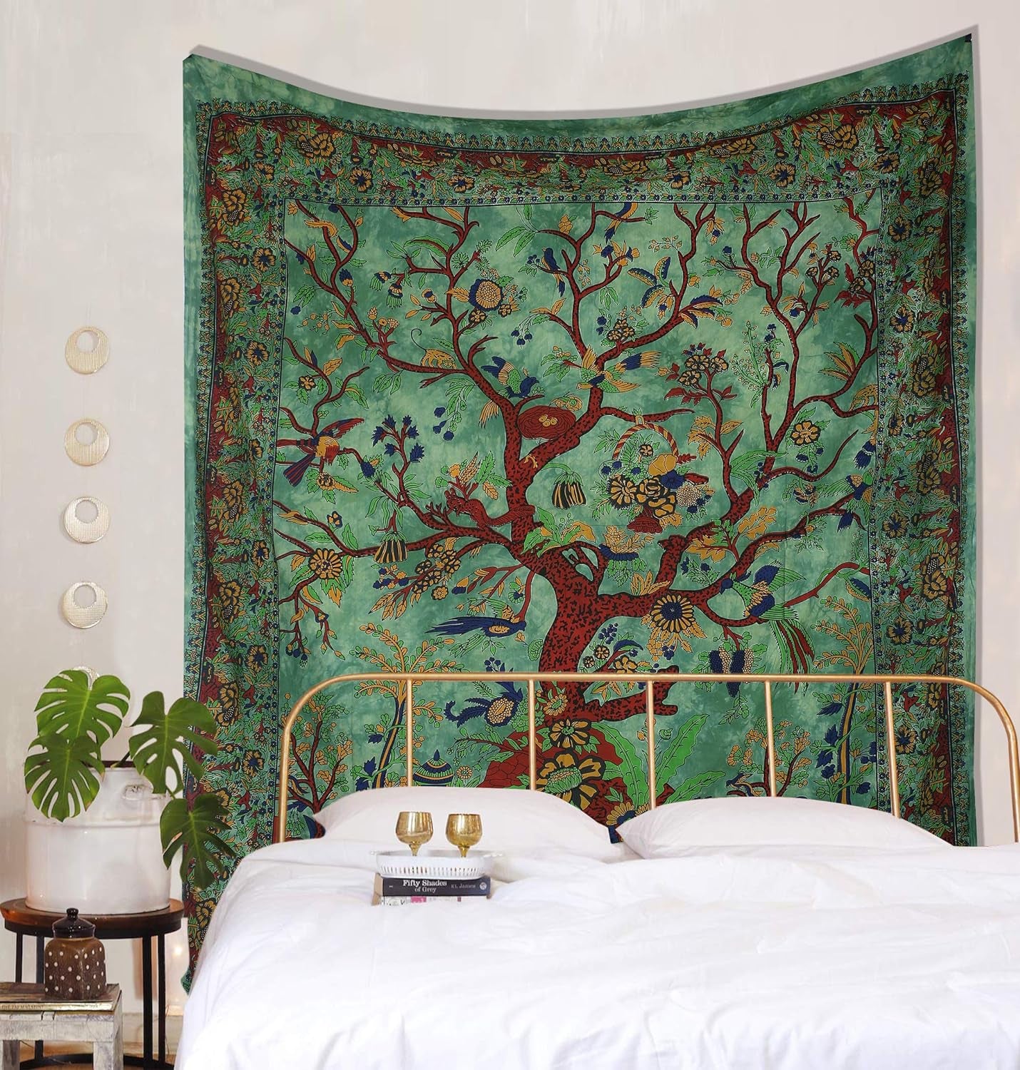 Tapestry Green Tree of Life Wall Hanging – Indian Cotton Twin Bedspread, Picnic Sheet, Blanket, Wall Art for Bedroom Décor (82X54 Inch)