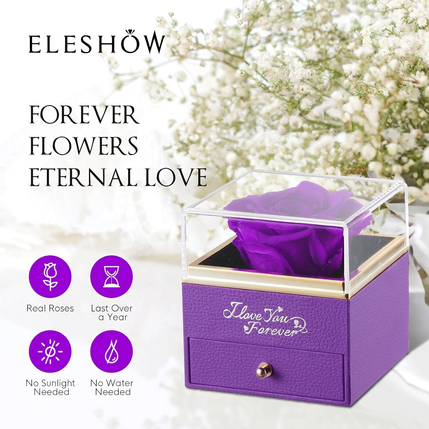 Preserved Real Purple Rose with Heart Necklace, Eternal Flowers Gifts for Mom Grandma Wife Girlfriend on Christmas, Valentines, Mothers Day, Anniversary, Birthday, I Love You Gifts for Her