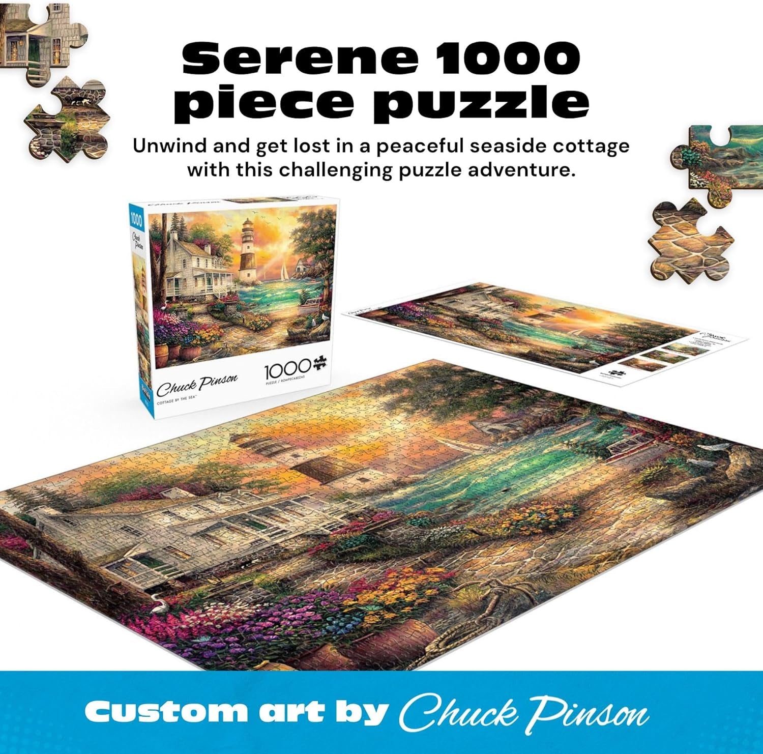 - Chuck Pinson - Cottage by the Sea - 1000 Piece Puzzle for Adults, Serene Lighthouse Jigsaw with Poster, Premium Scenic Puzzle for Game Nights