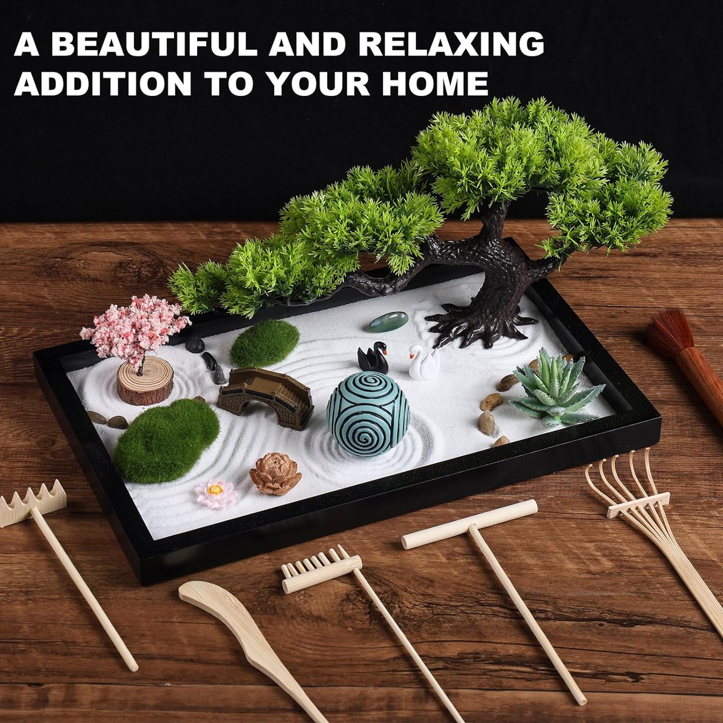 Transform Your Space with Our Premium Japanese Mini Zen Garden Kit - Complete with Black Wooden Tray, White Sand, and Unique Meditation Accessories for Home and Office Serenity