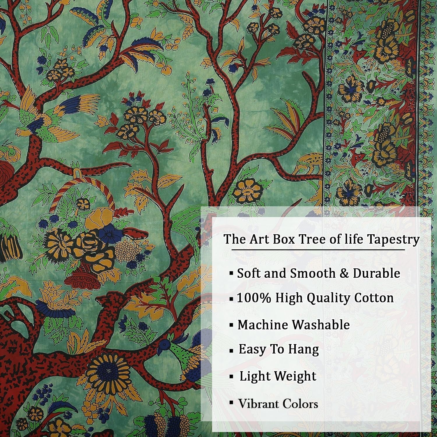 Tapestry Green Tree of Life Wall Hanging – Indian Cotton Twin Bedspread, Picnic Sheet, Blanket, Wall Art for Bedroom Décor (82X54 Inch)