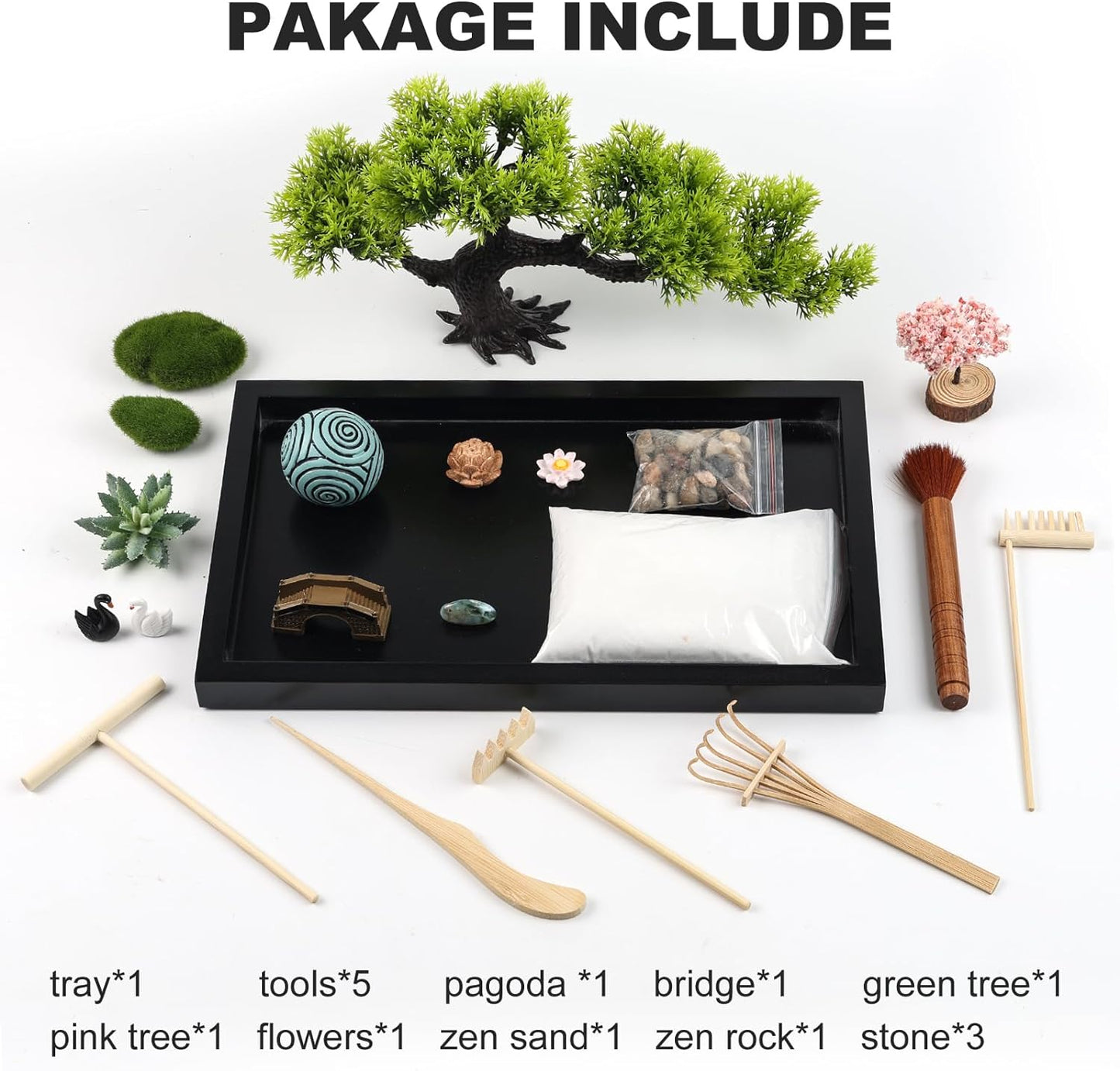 Transform Your Space with Our Premium Japanese Mini Zen Garden Kit - Complete with Black Wooden Tray, White Sand, and Unique Meditation Accessories for Home and Office Serenity