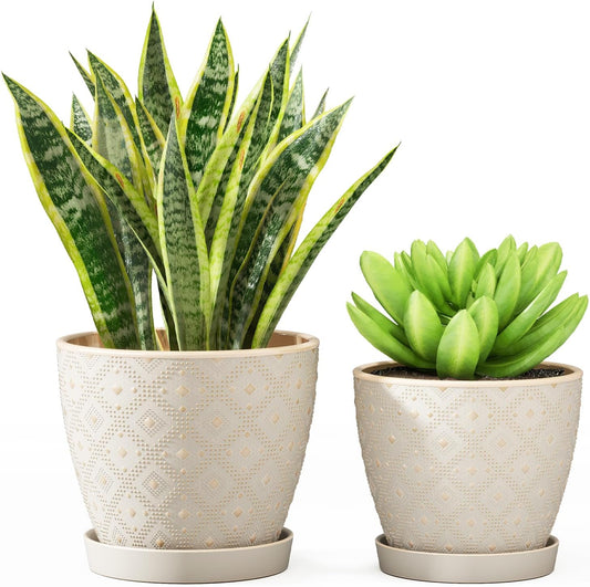 Ceramic Plant Pots Indoor, 6.6 + 5.5 Inch Planters with Drainage Holes and Saucer for Home/Office - Set of 2 /White