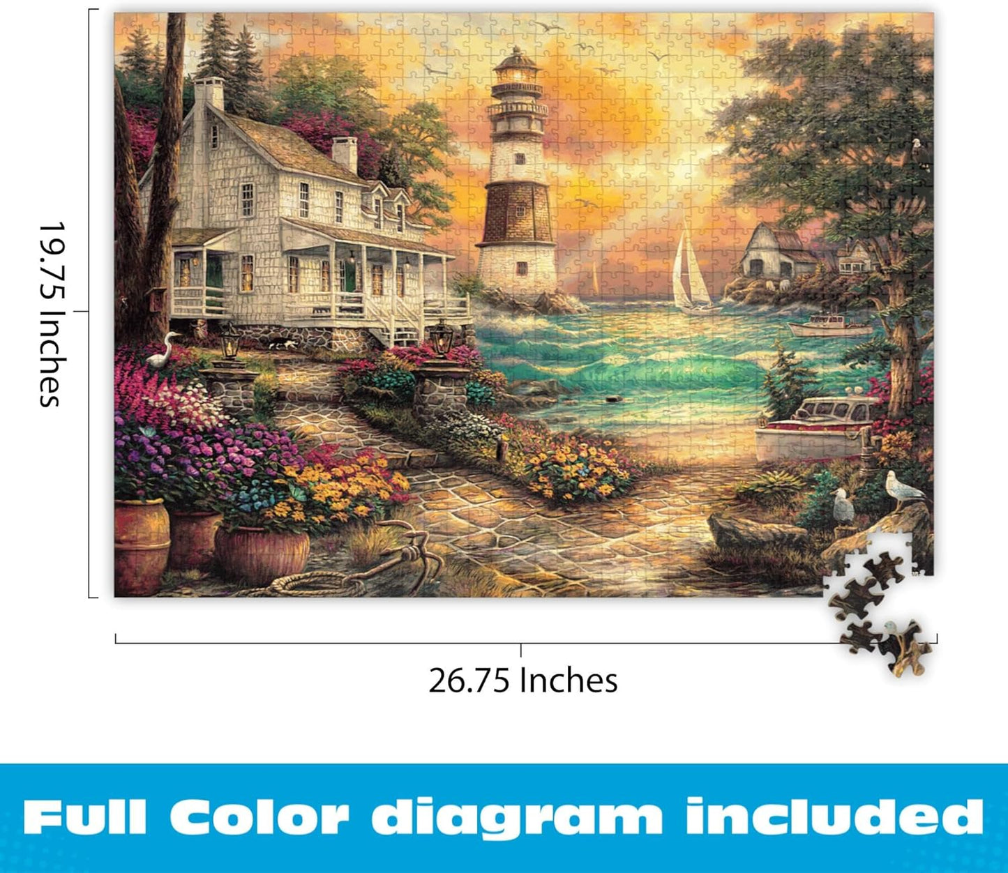 - Chuck Pinson - Cottage by the Sea - 1000 Piece Puzzle for Adults, Serene Lighthouse Jigsaw with Poster, Premium Scenic Puzzle for Game Nights