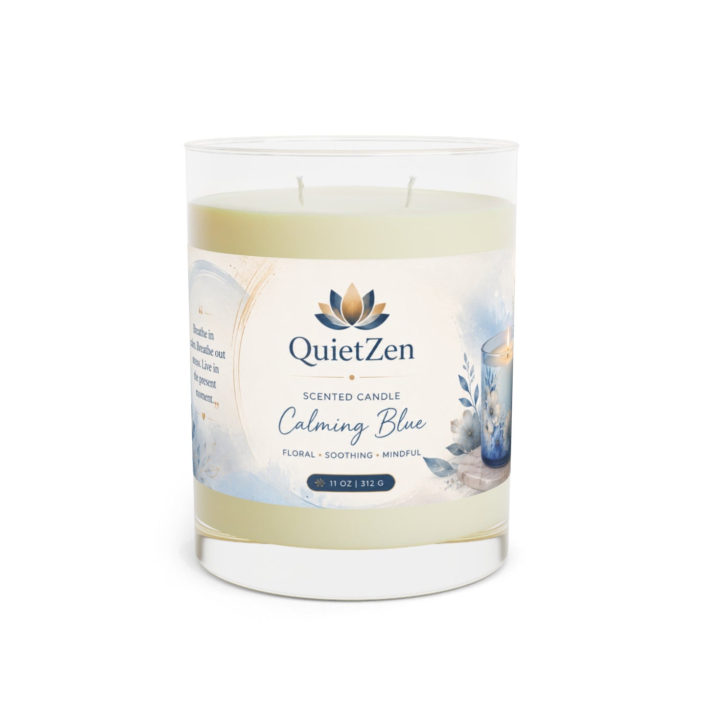 Scented Candle — Calming Blue Floral Glass Jar (11 oz)