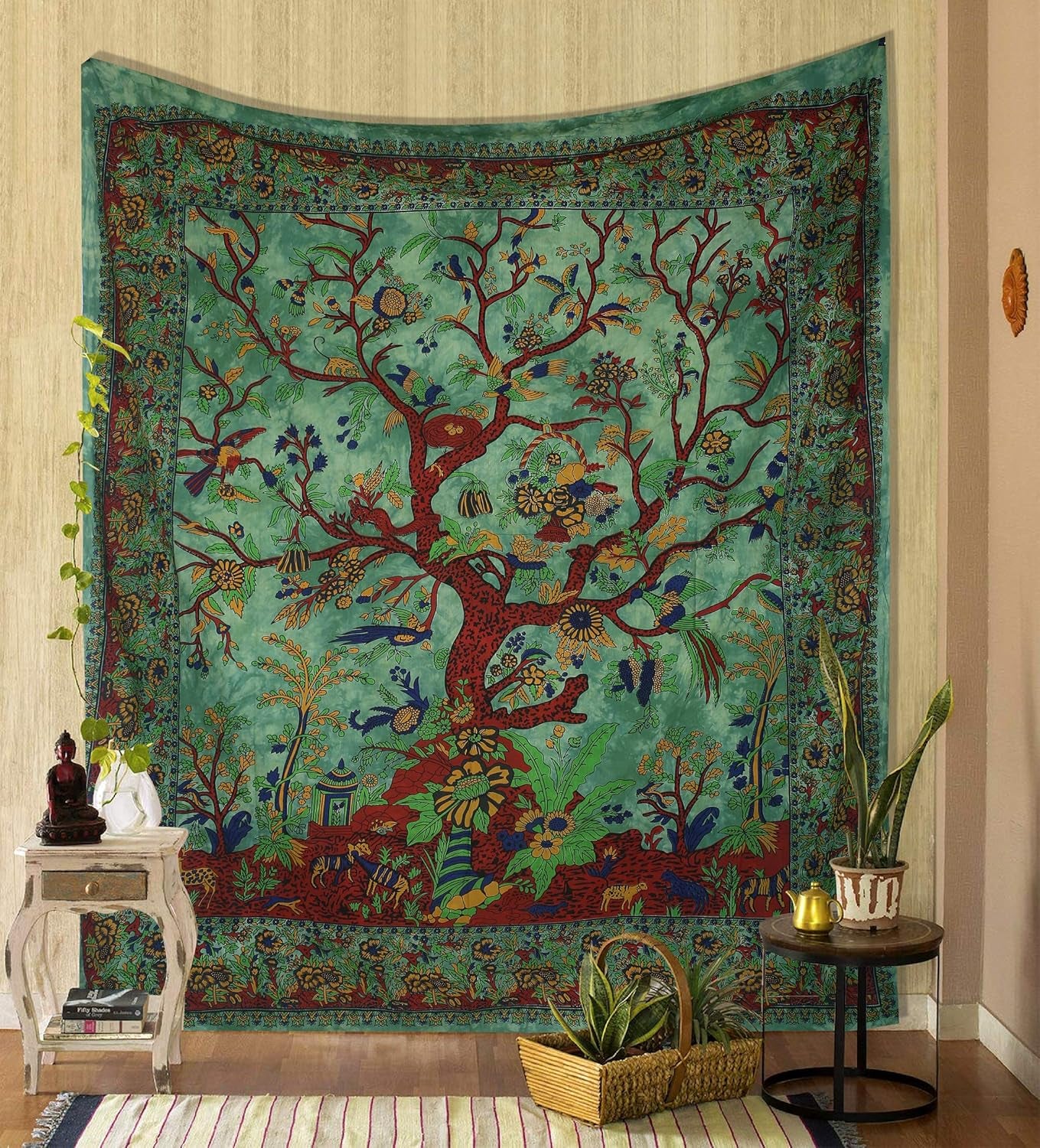 Tapestry Green Tree of Life Wall Hanging – Indian Cotton Twin Bedspread, Picnic Sheet, Blanket, Wall Art for Bedroom Décor (82X54 Inch)