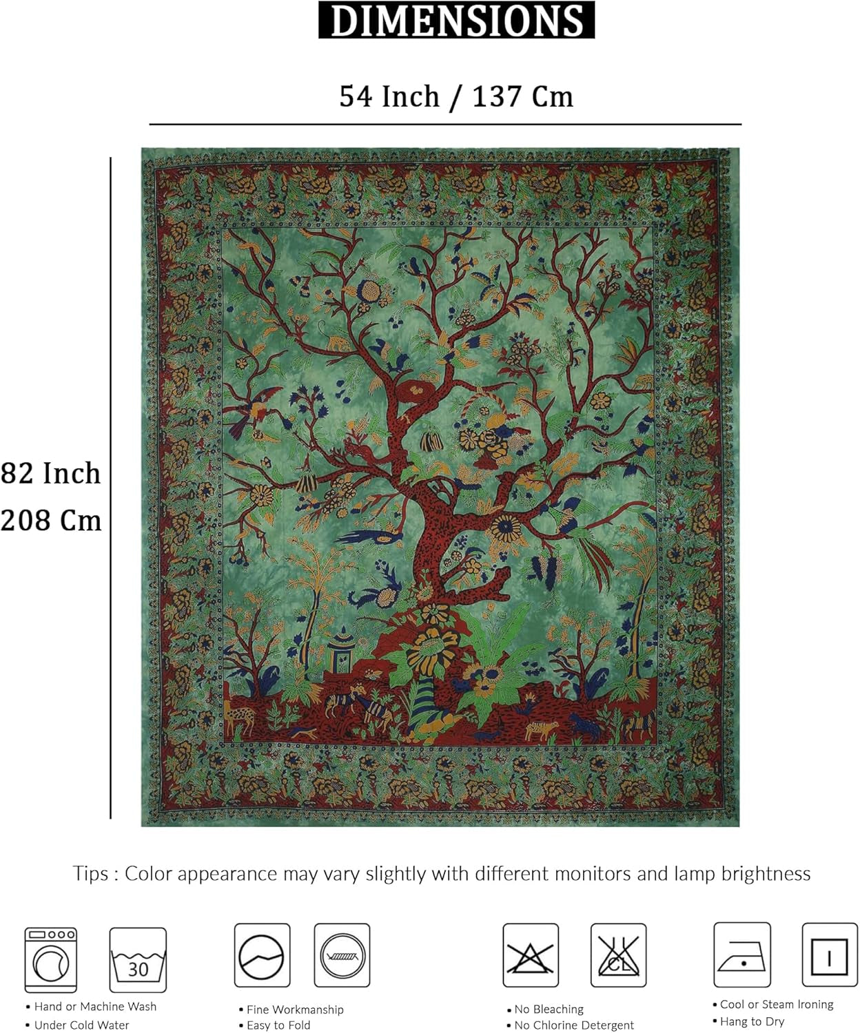 Tapestry Green Tree of Life Wall Hanging – Indian Cotton Twin Bedspread, Picnic Sheet, Blanket, Wall Art for Bedroom Décor (82X54 Inch)