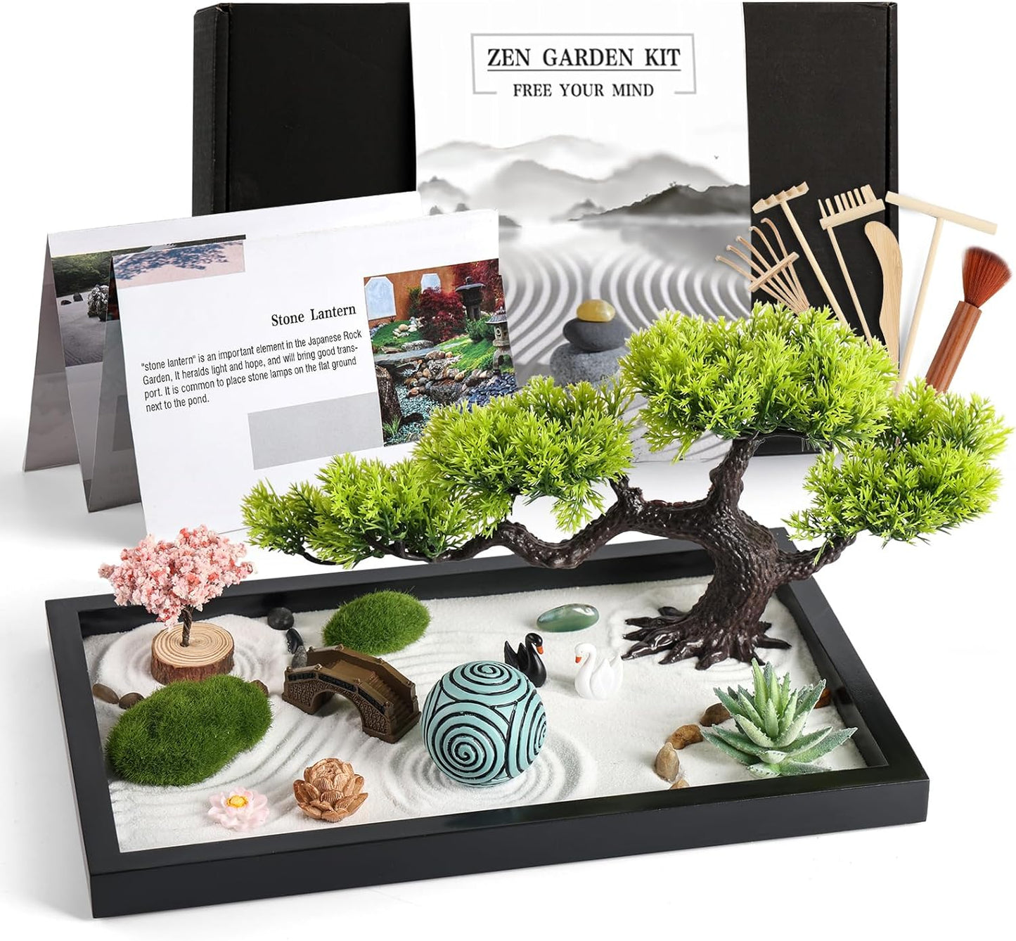 Transform Your Space with Our Premium Japanese Mini Zen Garden Kit - Complete with Black Wooden Tray, White Sand, and Unique Meditation Accessories for Home and Office Serenity