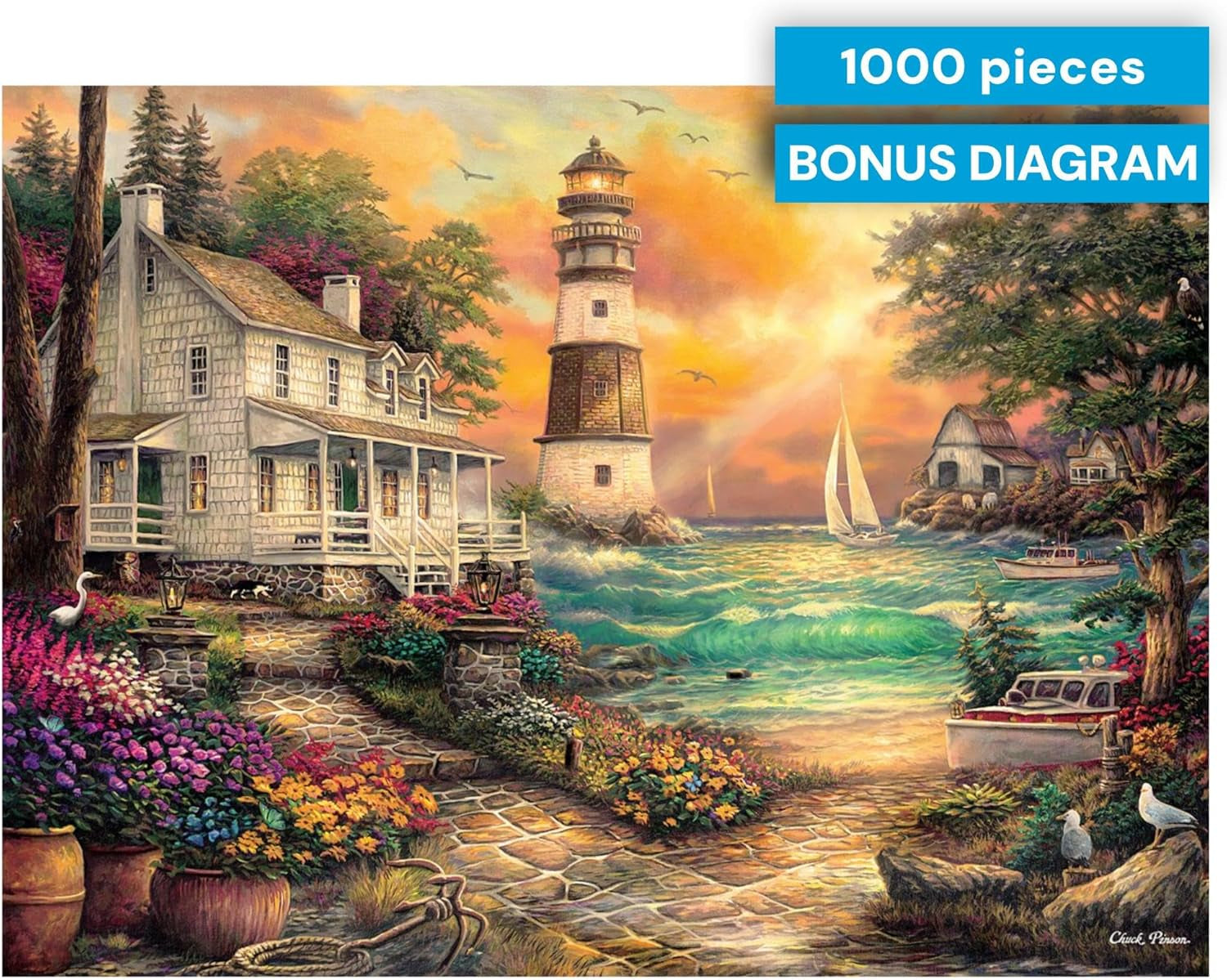 - Chuck Pinson - Cottage by the Sea - 1000 Piece Puzzle for Adults, Serene Lighthouse Jigsaw with Poster, Premium Scenic Puzzle for Game Nights