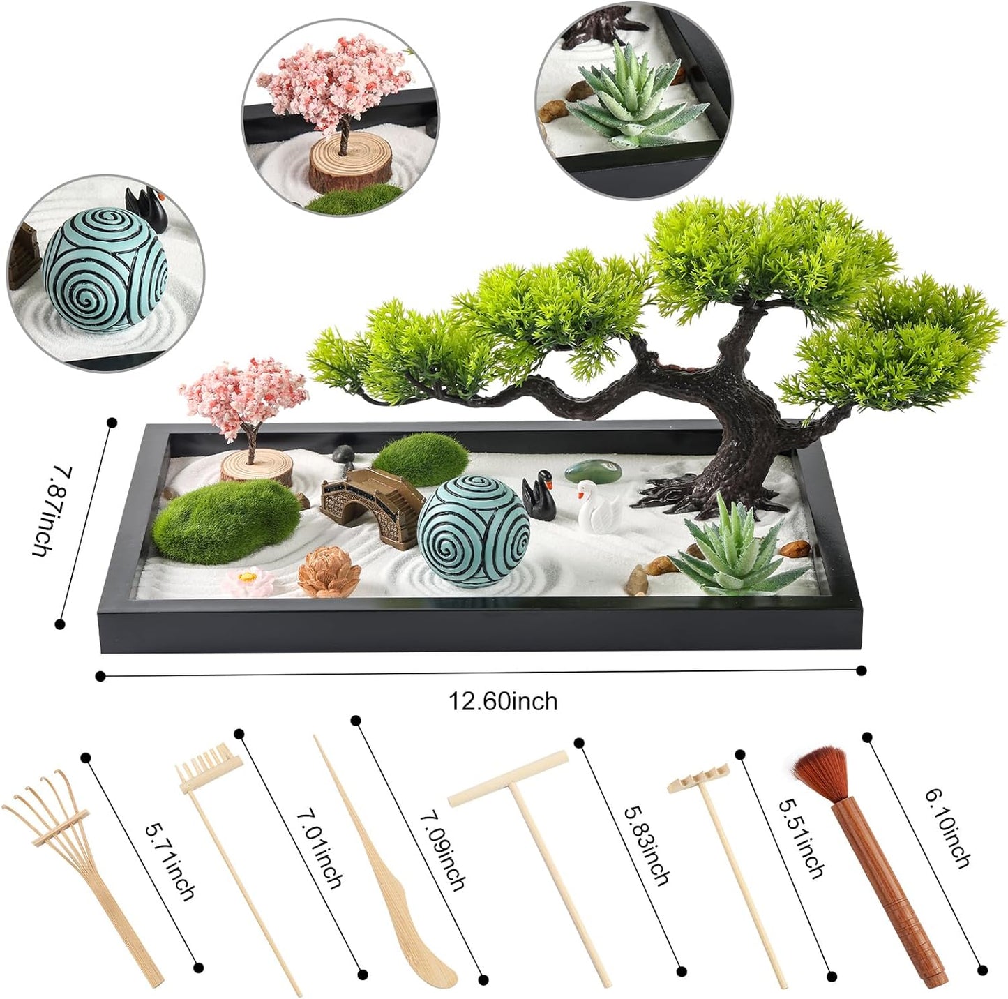 Transform Your Space with Our Premium Japanese Mini Zen Garden Kit - Complete with Black Wooden Tray, White Sand, and Unique Meditation Accessories for Home and Office Serenity