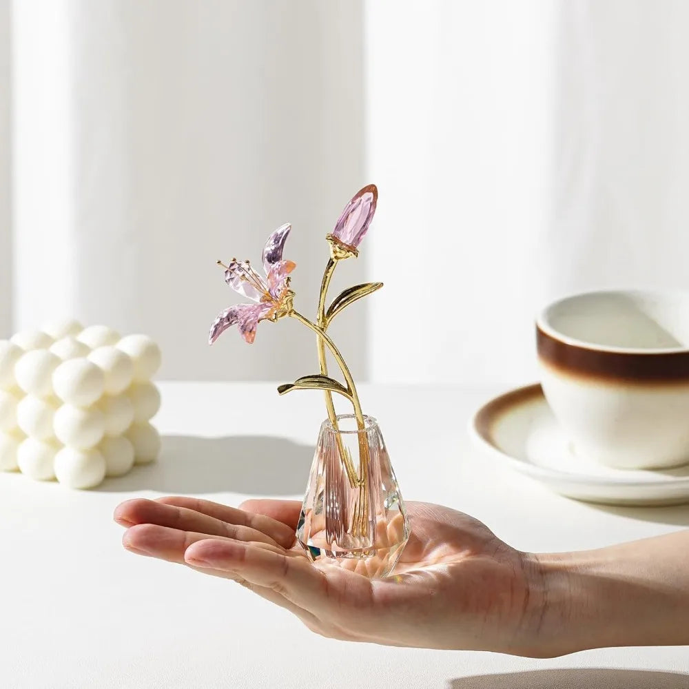 Crystal Lily Flower with Vase, Glass Flower Home Decoration - Pink Gift for Ladies' Anniversary