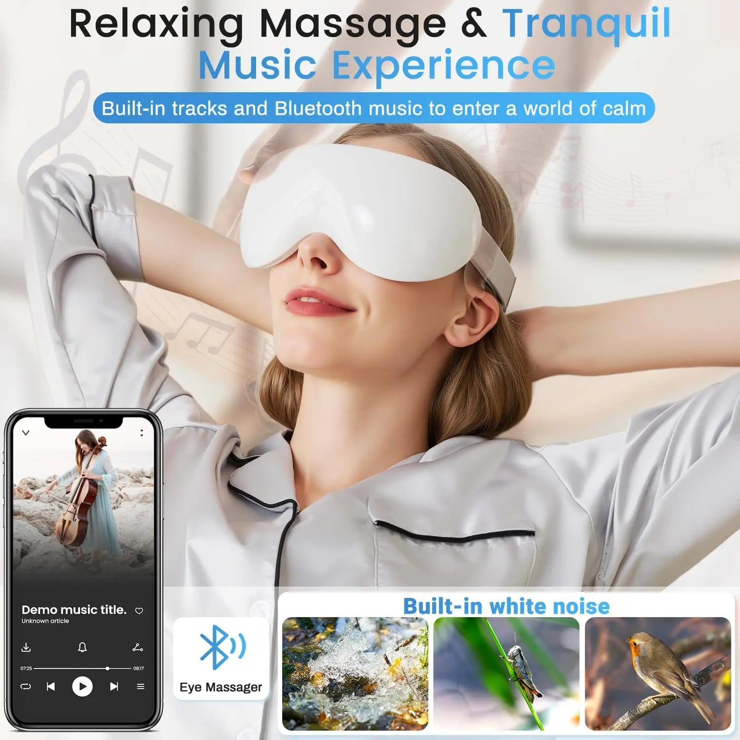 Rechargeable Eye Massager with Cooling Technology and 12 Vibration Nodes, Bluetooth-Enabled for Puffiness Reduction and Enhanced Sleep Quality