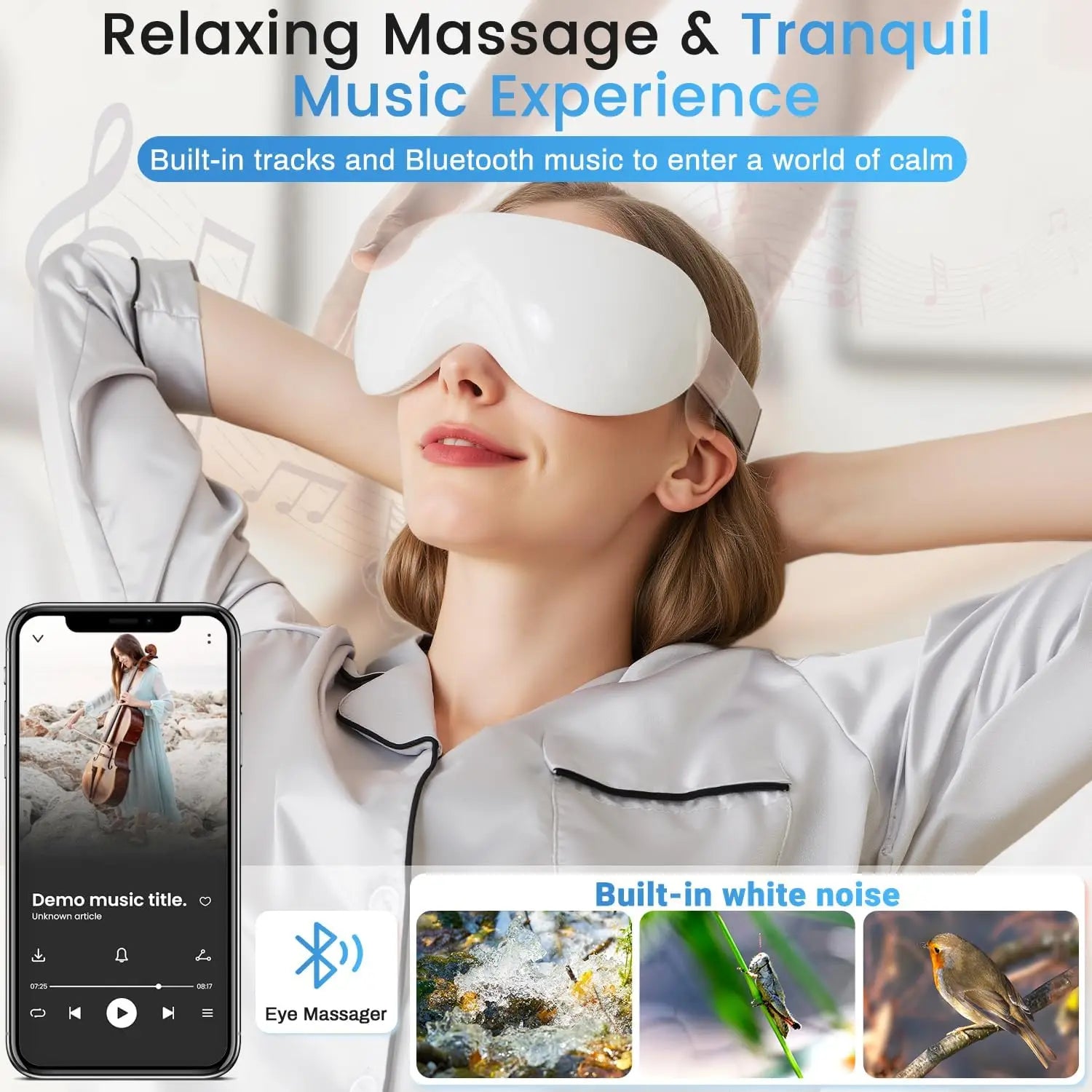 Rechargeable Eye Massager with Cooling Technology and 12 Vibration Nodes, Bluetooth-Enabled for Puffiness Reduction and Enhanced Sleep Quality