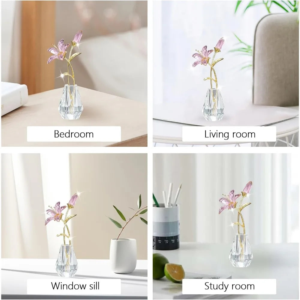 Crystal Lily Flower with Vase, Glass Flower Home Decoration - Pink Gift for Ladies' Anniversary
