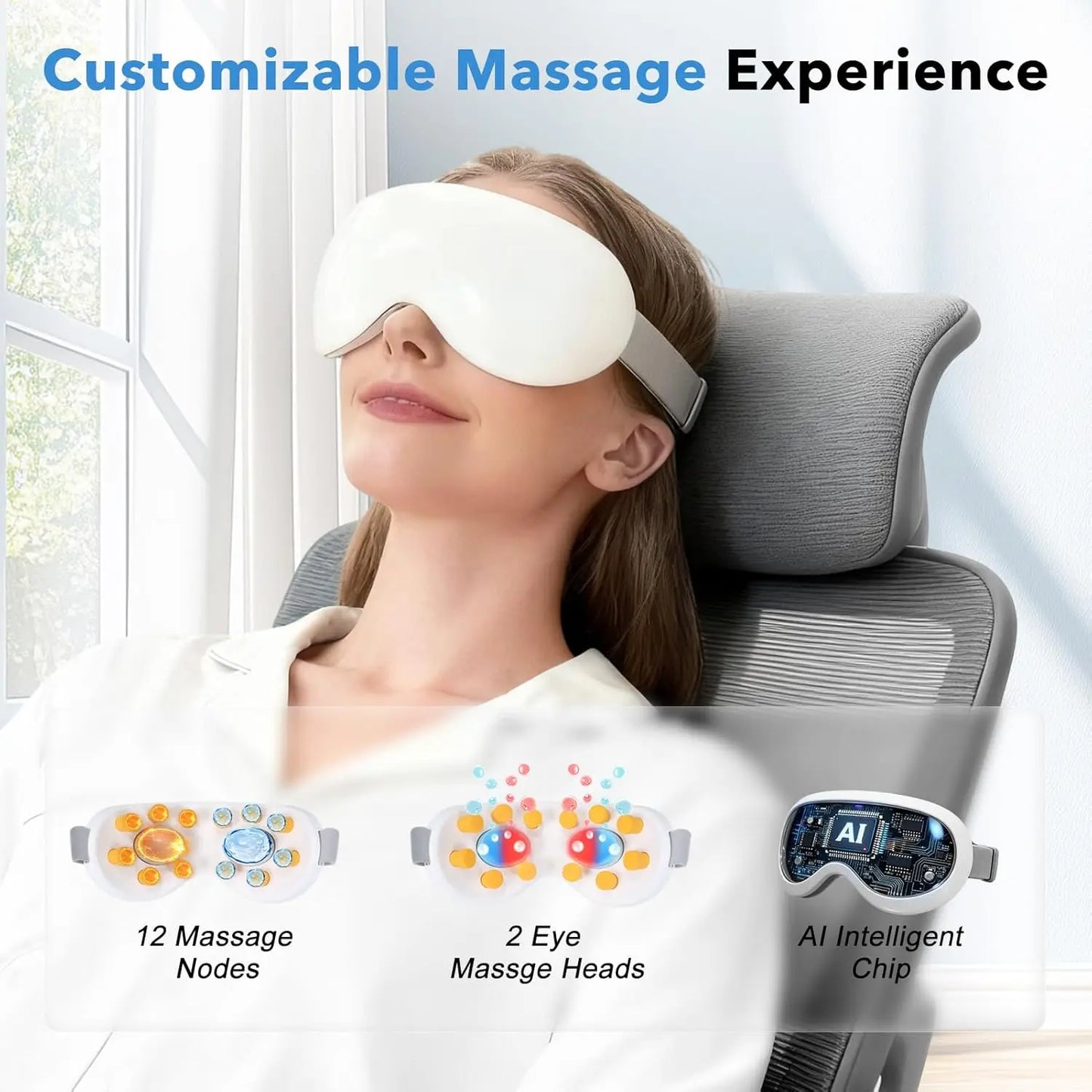 Rechargeable Eye Massager with Cooling Technology and 12 Vibration Nodes, Bluetooth-Enabled for Puffiness Reduction and Enhanced Sleep Quality