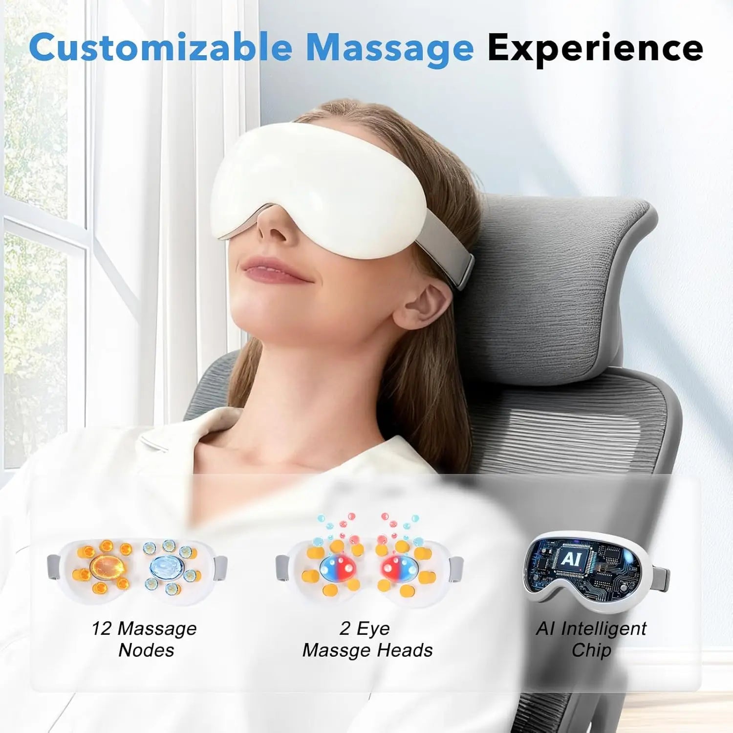 Rechargeable Eye Massager with Cooling Technology and 12 Vibration Nodes, Bluetooth-Enabled for Puffiness Reduction and Enhanced Sleep Quality