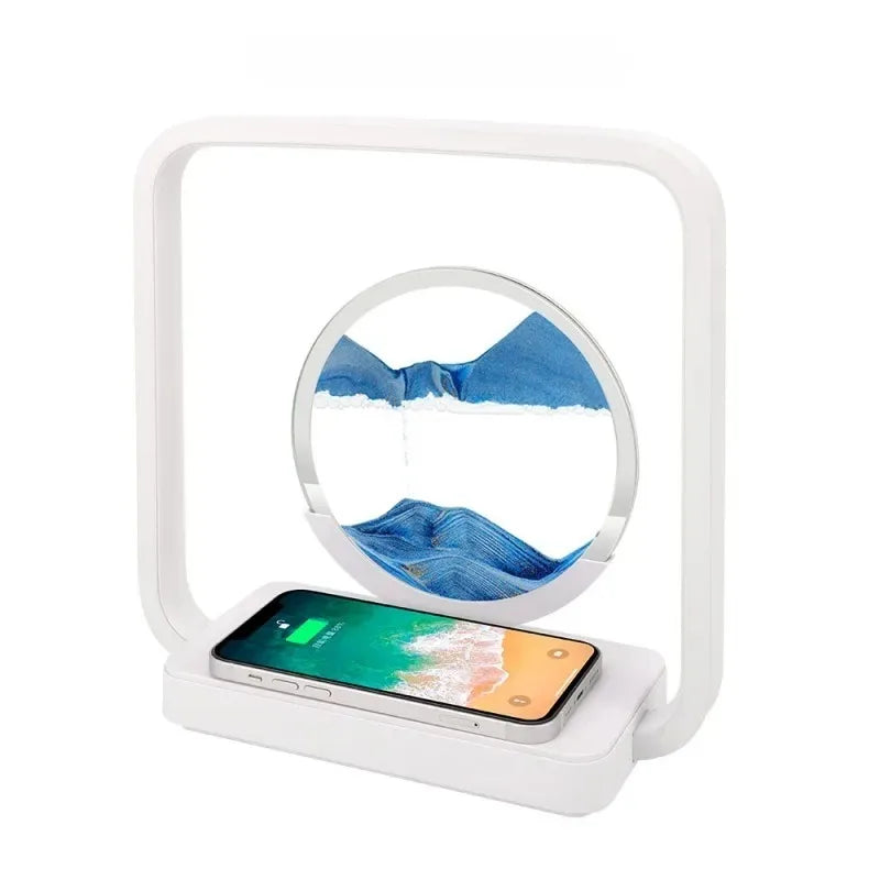 3D Flowing Sand LED Night Light Moving Sand Painting Hourglass for Bedroom Desk Lamp Home Decor with Wireless Charging