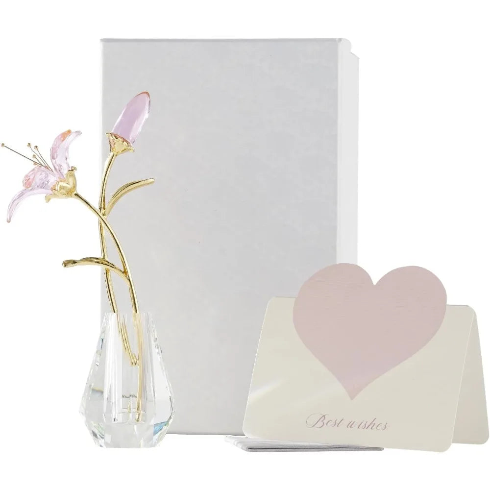Crystal Lily Flower with Vase, Glass Flower Home Decoration - Pink Gift for Ladies' Anniversary