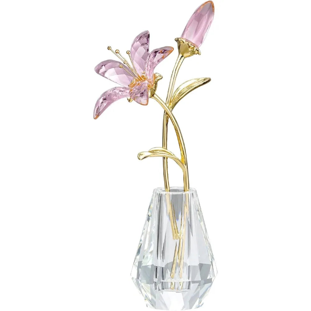 Crystal Lily Flower with Vase, Glass Flower Home Decoration - Pink Gift for Ladies' Anniversary