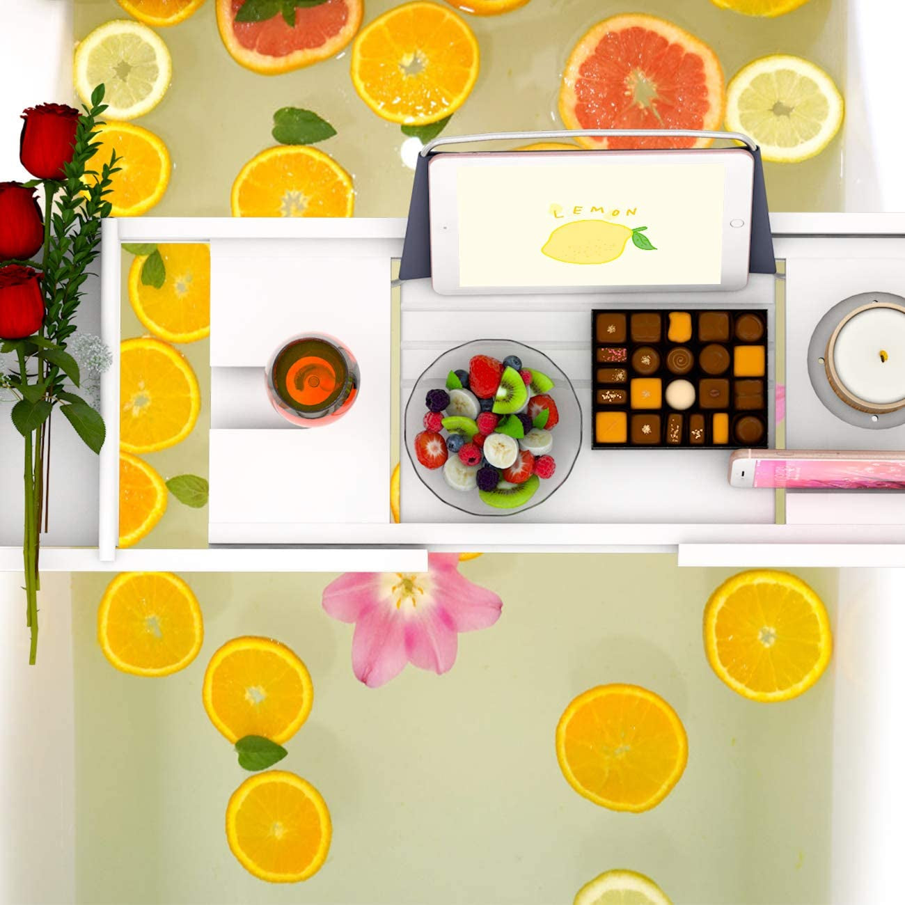 Bathtub Caddy Tray for Luxury Bath - Bamboo Waterproof Expandable Bath Table over Tub with Wine and Book Holder and Free Soap Dish (White)