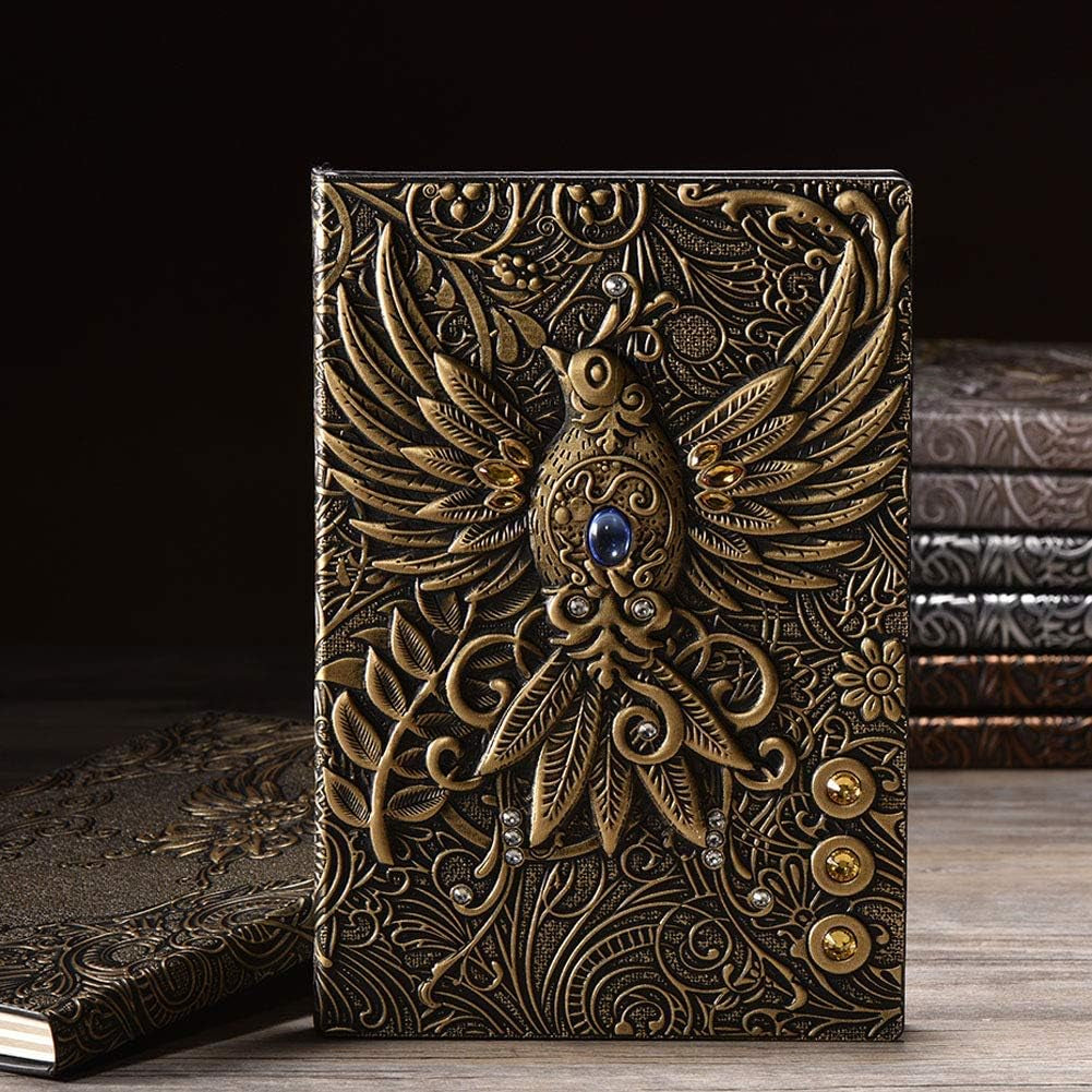 Embossed Leather Journal Writing Notebook - Antique Handmade Leather Daily Notepad Sketchbook, Travel Diary & Notebooks to Write In, Phoenix Gift for Men & Women, with Golden Classic Pen, (Bronze)
