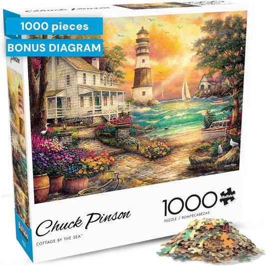 - Chuck Pinson - Cottage by the Sea - 1000 Piece Puzzle for Adults, Serene Lighthouse Jigsaw with Poster, Premium Scenic Puzzle for Game Nights