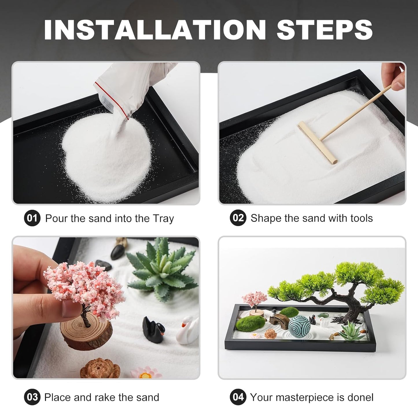 Transform Your Space with Our Premium Japanese Mini Zen Garden Kit - Complete with Black Wooden Tray, White Sand, and Unique Meditation Accessories for Home and Office Serenity