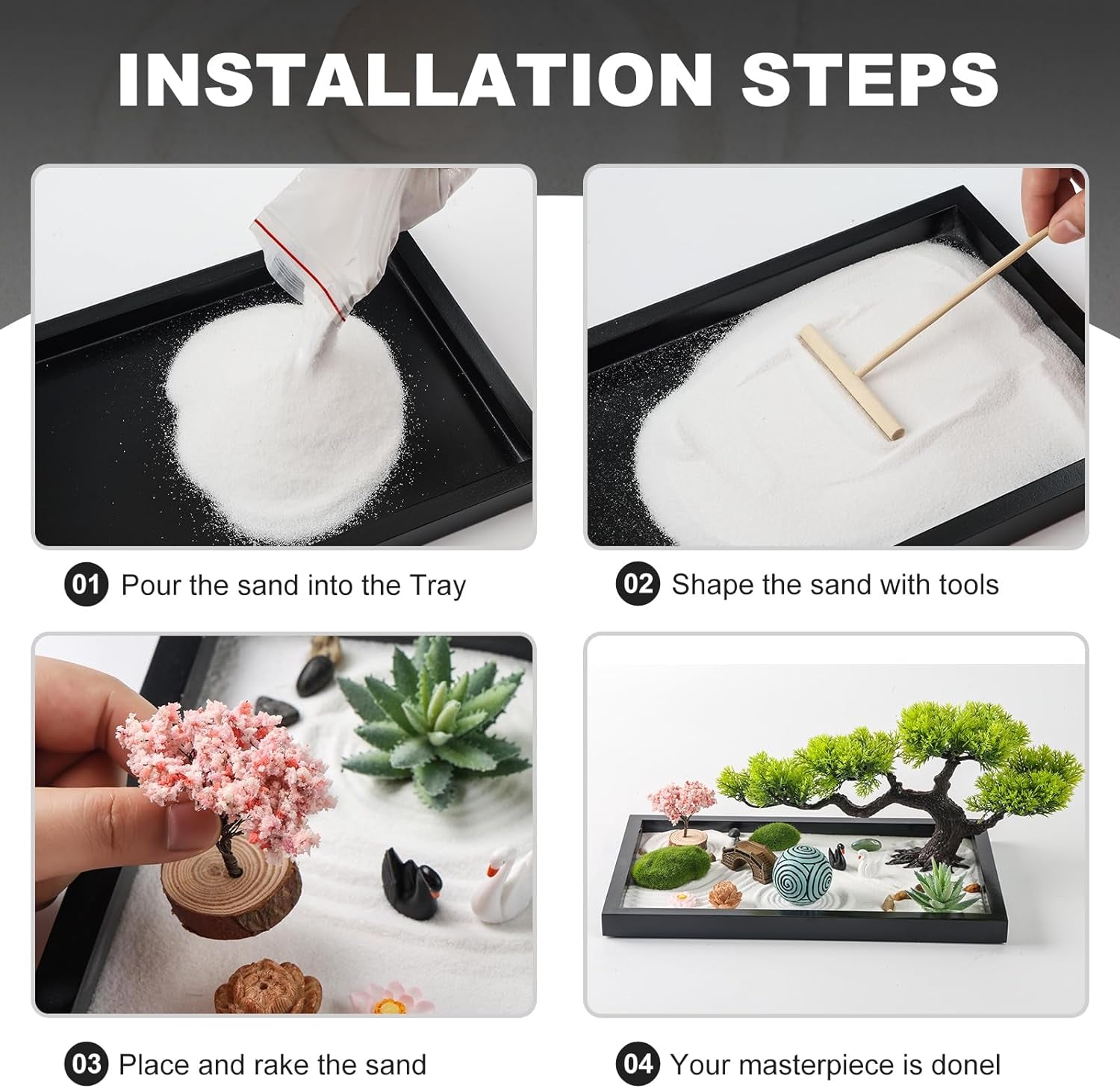 Transform Your Space with Our Premium Japanese Mini Zen Garden Kit - Complete with Black Wooden Tray, White Sand, and Unique Meditation Accessories for Home and Office Serenity