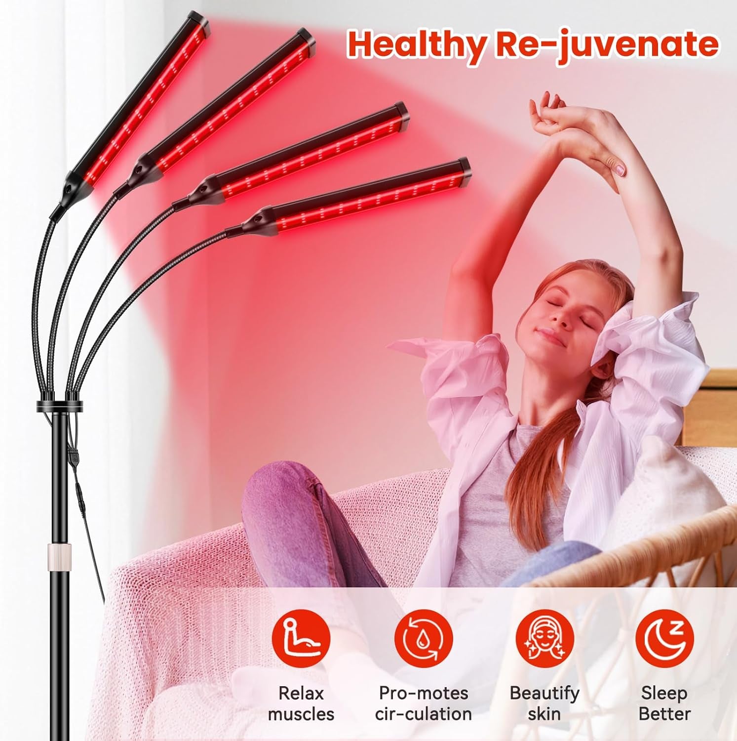 Transform Your Wellness Routine with the Viconor 4-Head Red Light Therapy Lamp – Adjustable Stand for Comprehensive Skin and Pain Relief
