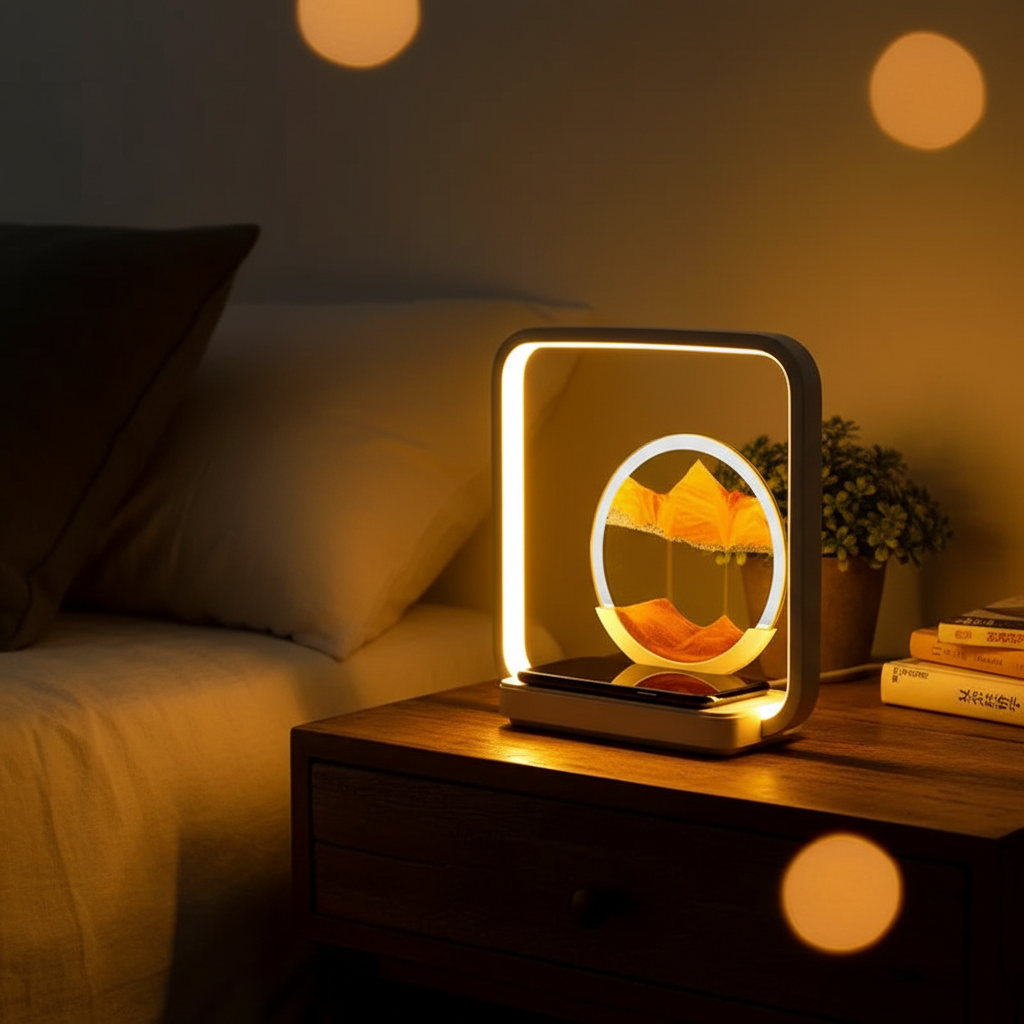3D flowing sand LED hourglass night light glowing warmly on a nightstand in a cozy bedroom lifestyle shot