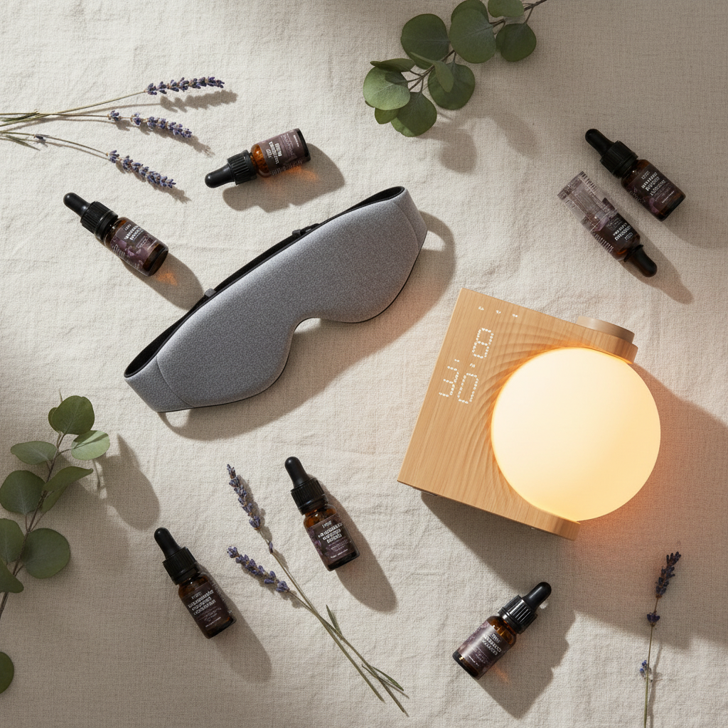 Deep Sleep Ritual Bundle lifestyle flat lay — sleep mask, sunrise alarm clock and essential oils on linen