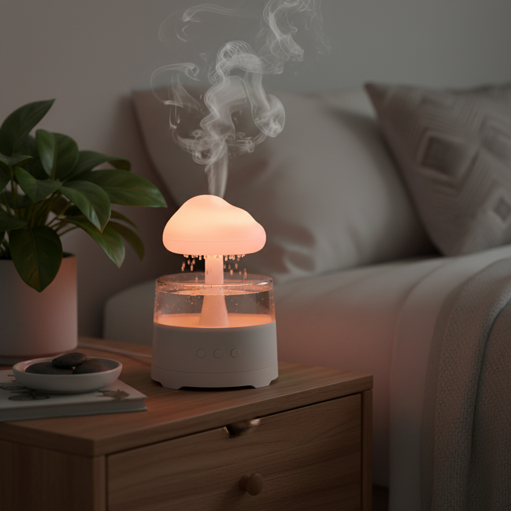 Mushroom Cloud Aroma Diffuser lifestyle image — cozy bedroom setting with soft gradient glow