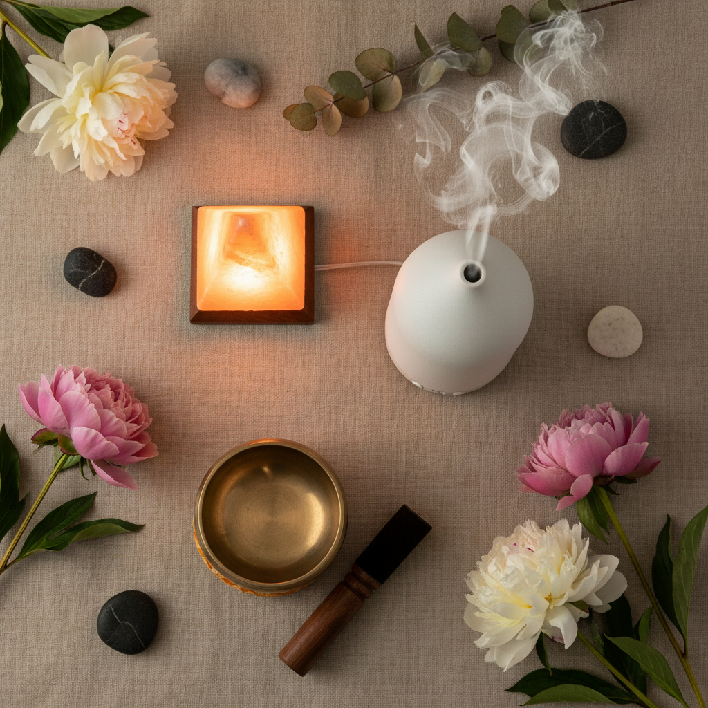 Zen Ambiance Set Bundle lifestyle flat lay — Himalayan salt lamp, ceramic diffuser and Tibetan singing bowl on linen