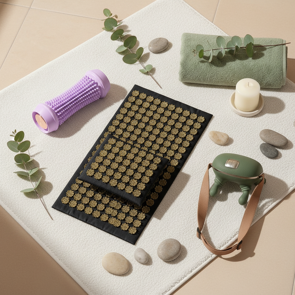 Spa Day at Home Bundle lifestyle flat lay — foot roller, acupressure mat and neck massager on white towels