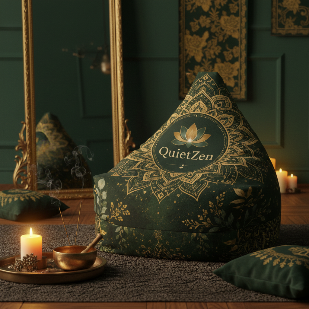 QuietZen Mandala Bean Bag Cover — Emerald Gold Meditation Floor Lounger