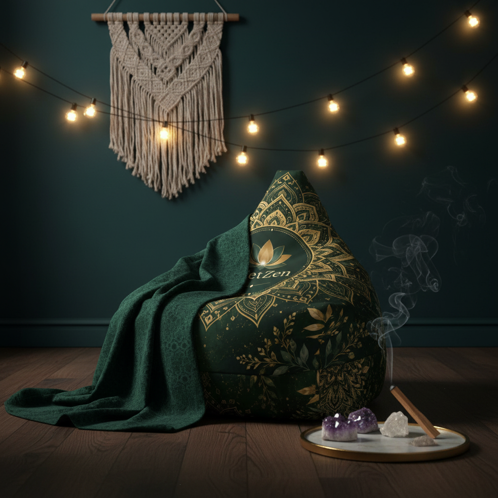 QuietZen Mandala Bean Bag Cover — Emerald Gold Meditation Floor Lounger