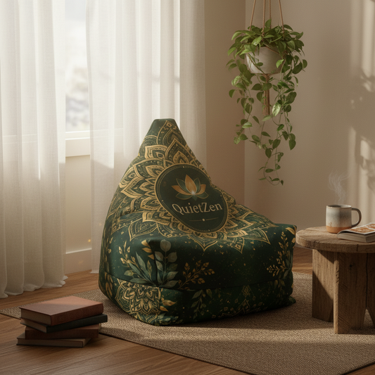 QuietZen Mandala Bean Bag Cover — Emerald Gold Meditation Floor Lounger