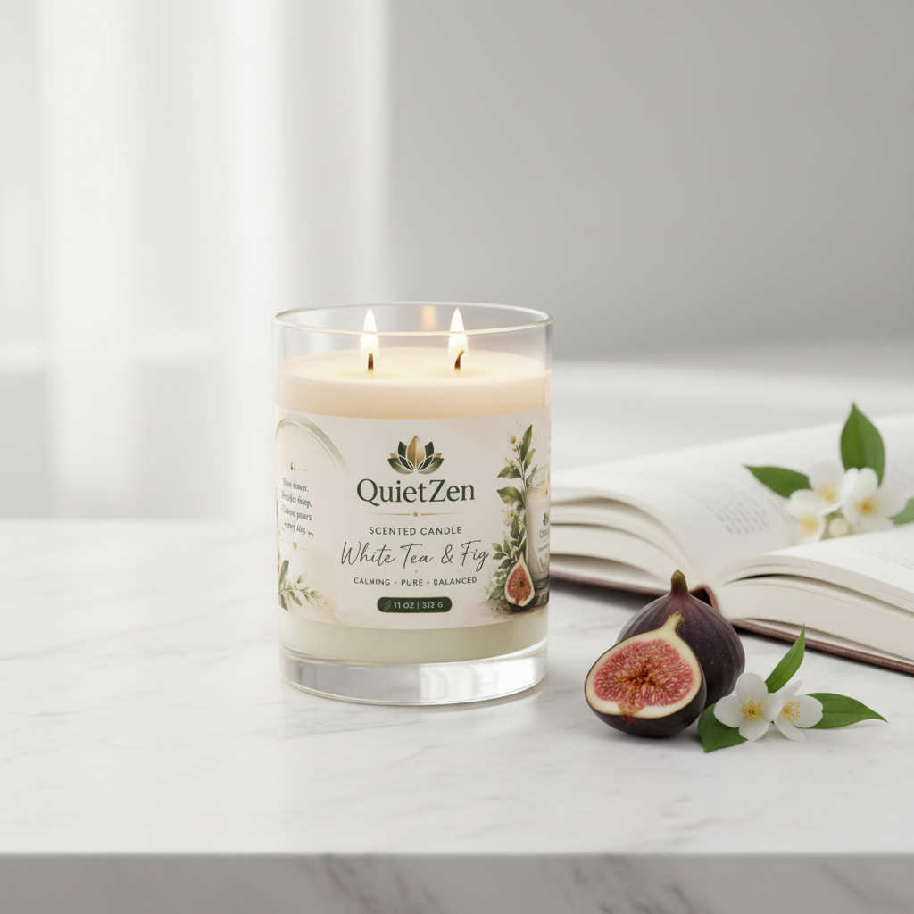 QuietZen Floral Scented Candle — Soy Wax Glass Jar | White Tea, Fig & Ocean Mist