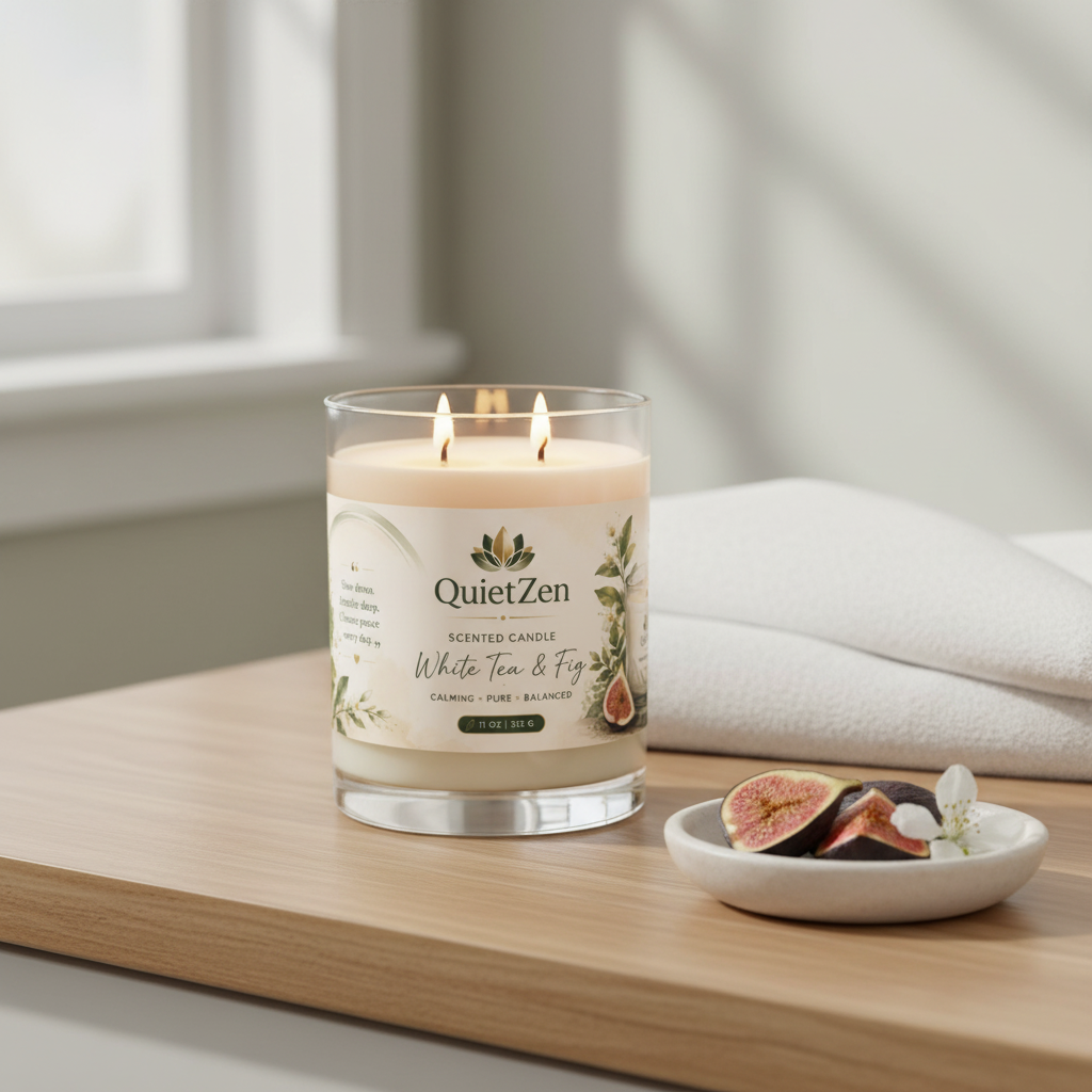 QuietZen Floral Scented Candle — Soy Wax Glass Jar | White Tea, Fig & Ocean Mist