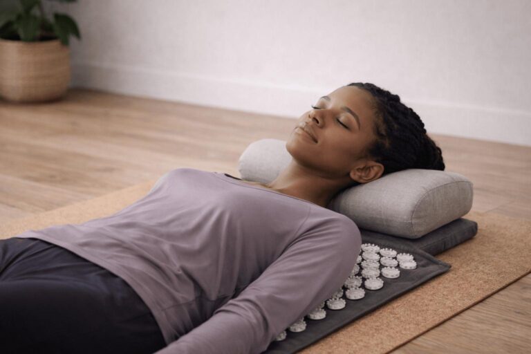 Woman relaxing on an acupressure mat and pillow at home